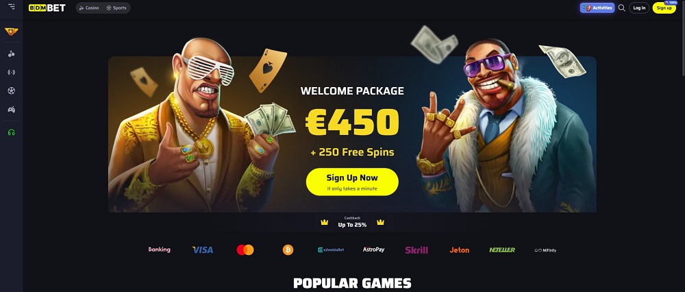 Screenshot der BDM bet Casino-Startseite mit einem Willkommenspaket von 450 € und 250 Freispielen. 