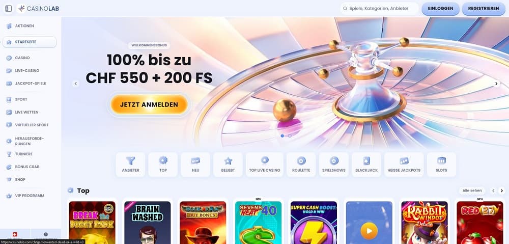 Screenshot der Casinolab Casino-Startseite mit einem Banner für '100% bis zu CHF 550 + 200 Freispiele' und einer 'Jetzt anmelden'-Schaltfläche. Darunter Kategorien wie Top, Neu, Live-Casino, Roulette, Blackjack und Slots, mit Spielen wie Break the Piggy Bank und Brain Washed.